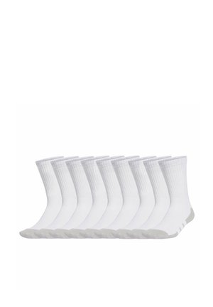 Ten pairs of white crew socks with gray reinforced heels and toes, arranged side by side on a white background.