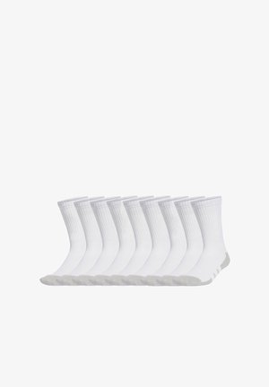 Ten pairs of white crew socks with gray reinforced heels and toes, arranged side by side on a white background.