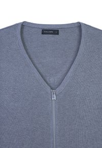 Grauer Reißverschluss-Kardiagan mit V-Ausschnitt, gerippter Textur und glattem Stoff. Verfügt über einen silbernen Reißverschluss und ein Etikett mit der Aufschrift "CALLIOPE S."