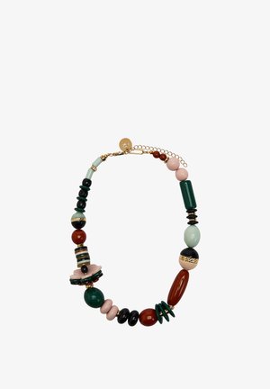 Wielobarwny naszyjnik z koralików z akcentami w kolorach zielonym, różowym, czarnym, czerwonym i złotym. Różnorodne kształty o gładkich i fakturowanych powierzchniach.