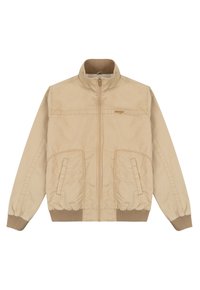 Beige zipová bunda s vysokým límcem, dvěma předními kapsami, žebrovanými manžetami a lemem a texturovaným povrchem. Výšivka loga na hrudi.