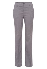 Pantalons ajustés en motif pied-de-poule bleu marine et blanc, avec un devant plat, une jambe droite et des passants de ceinture, fabriqués à partir d'un tissu texturé.