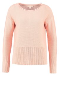 Ljusrosa stickad tröja med rund halslinning, långa ärmar och en texturerad ribbad design. Har en paneldetalj framtill.