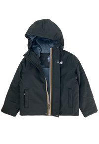 Giacca nera imbottita con cappuccio staccabile, zip frontale e bottoni a pressione. Presenta dettagli colorati sulla zip e due tasche laterali.
