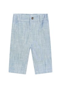 Hellblaue Shorts mit vertikalen Streifen, aus einem Baumwoll-Mischgewebe, mit einem vorderen Knopfverschluss und Gürtelschlaufen. Zwei seitliche Taschen sichtbar.