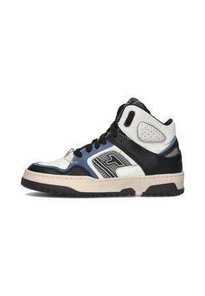 High-top sneaker featuring a mix of black, white, and blue leather, mesh accents, textured paneling, and a rubber sole with a tread pattern.