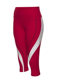 Leggings capri athlétiques rouges en tissu extensible, avec un motif de bandes blanches incurvées et un liseré noir le long des coutures.