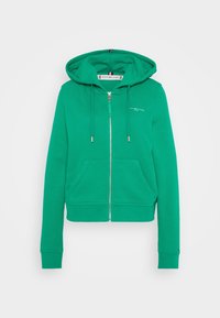 Haut à capuche zippé vert, en mélange de coton, avec capuche à cordon, poches frontales et poignets côtelés. Logo imprimé sur la poitrine.