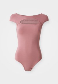 Raspberry-colored bodysuit with short sleeves, featuring a sheer mesh circular cut-out at the chest and a smooth fitted design.
