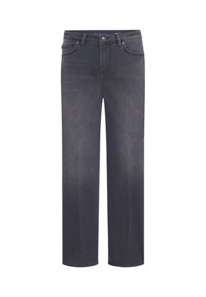 Dark gray straight-leg jeans with front pockets, belt loops, and a button closure.