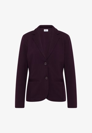 Dark purple blazer made of soft fabric, featuring a notch lapel, two buttons, and side pockets. Simple design with a tailored fit.