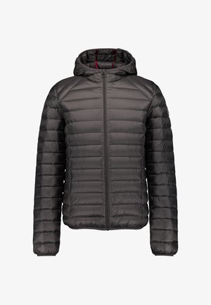 Giacca imbottita grigio scuro con cuciture orizzontali, zip frontale completa, polsini elasticizzati e cappuccio attaccato con dettagli foderati rossi.