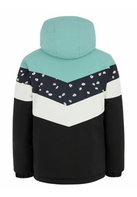 Veste colorée avec une capuche vert menthe, une base noire et des panneaux blancs, navy et floraux ; elle est dotée de poignets élastiques et d'un motif en chevrons.