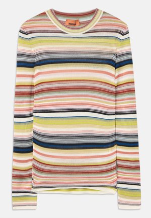 Mønstret langærmet sweater med multicolore striber og rund hals. Har vandrette striber i rød, blå, gul og grøn på en cremefarvet baggrund.