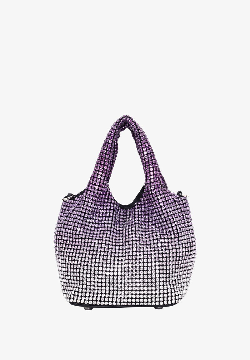 Paarse gradient handtas bedekt met rhinestones, met zachte, ronde schouderhandvatten en een slouchy ontwerp met een zwarte basis.