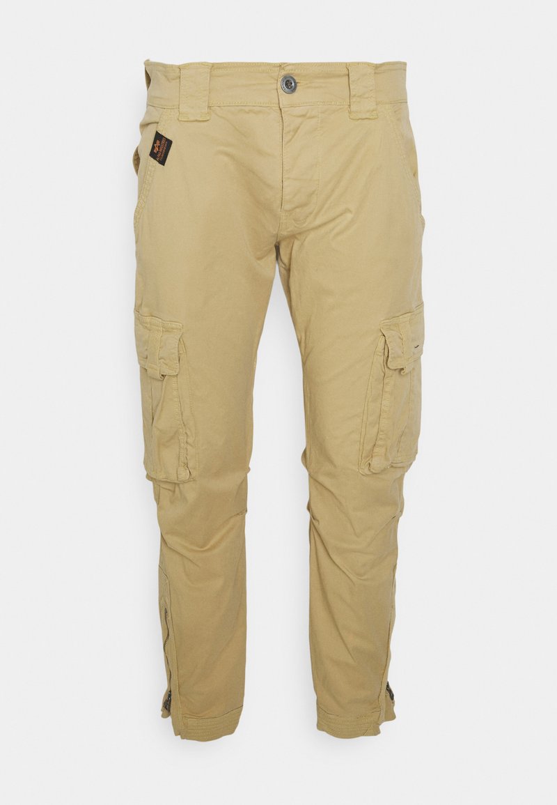 Khaki cargo pants made of durable fabric, featuring side cargo pockets, a zippered ankle detail, and a button closure at the waist.