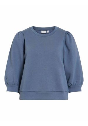 Sinine pika varrukaga dressipluus paistetavate õlgade ning soonikust mansettide ja äärega, ümmarguse kaelusega.