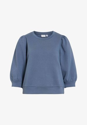 Sinine pika varrukaga dressipluus paistetavate õlgade ning soonikust mansettide ja äärega, ümmarguse kaelusega.