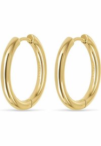 Orecchini a cerchio in oro con una superficie liscia e lucida e un design tubolare arrotondato. Caratterizzati da un dettaglio di chiusura a scatto senza soluzione di continuità.