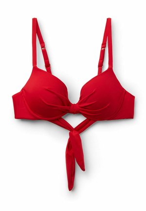Red padded bikini top with adjustable shoulder straps and a front tie knot detail.