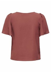 Haut à manches courtes et col rond en rose poudré, avec un tissu texturé à nervures subtiles et des détails froncés aux manches. Coupe lisse et décontractée.