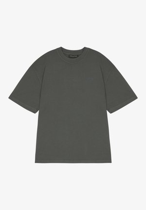 Dark gray cotton t-shirt with short sleeves, crew neckline, and a small embossed logo on the left chest. Smooth texture and relaxed fit.