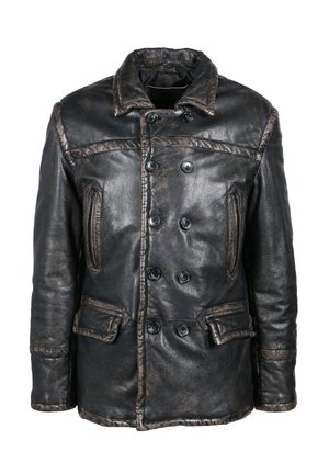Černá kožená bunda s dvouřadým designem, čtyřmi předními kapsami a drsnou texturou. Obsahuje velké černé knoflíky a kontrastní prošívání.