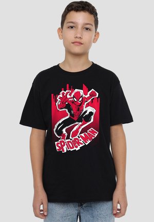 Black cotton t-shirt features a vibrant red and white Spider-Man graphic, with dynamic pose and bold lettering on front. Casual fit.