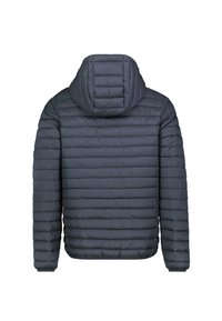 Gepolsterte dunkelgraue Jacke mit Kapuze, die ein gestepptes Design und elastische Bündchen aufweist. Die Rückansicht zeigt die glatte Textur und die Nahtdetails.