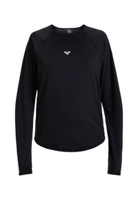 Musta pitkähihaisen crewneck-paita, jossa on pieni valkoinen sydämen muotoinen logo keskellä rintaa, esitelty valkoista taustaa vasten.