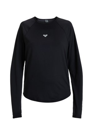 Čierne tričko s dlhým rukávom a okrúhlym výstrihom s malým bielym logom v tvare srdca umiestneným v strede hrudníka, zobrazené na bielom pozadí.