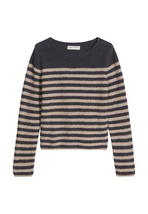 Pull rayé en bleu marine foncé et beige, avec un col rond et des manches longues. Tissu doux et texturé avec des rayures horizontales.