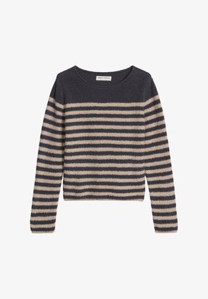 Gestreepte trui in donker marineblauw en beige, met een ronde hals en lange mouwen. Zachte, gestructureerde stof met horizontale strepen.