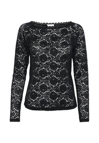 Must mustriga mustriga tops, mille looduskihiga jne, millel on lilleline mustriga, laineline kaelus ja poolläbipaistev tekstuur, milles on sobiv kuju. 