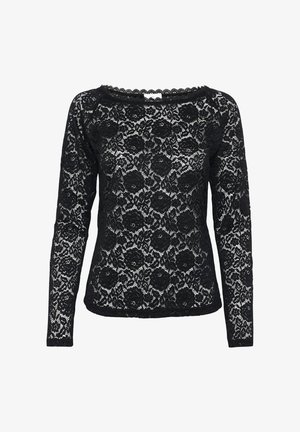 Svart spets långärmad topp med ett blommigt mönster, vågig halsringning och semitransparent textur, med en figurnära passform.