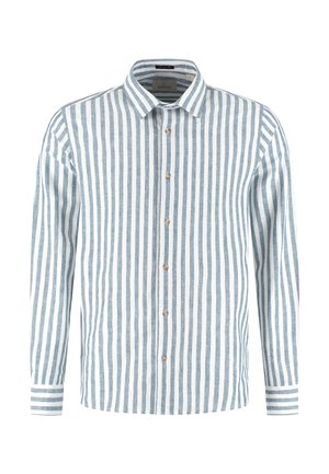 Camicia a maniche lunghe con bottoni, a righe verticali blu e bianche, con colletto classico, mostrata su uno sfondo bianco uniforme.