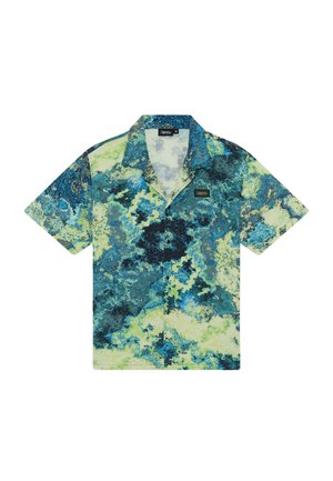 Camicia a maniche corte con bottoni caratterizzata da una stampa a marmo verde e blu. Realizzata in un tessuto leggero con colletto standard e logo applicato.