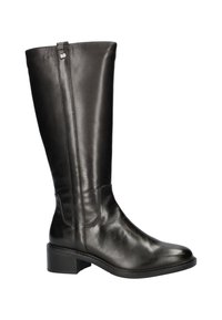 Zwarte leren kniehoog laars met een gladde textuur, vierkante neus en blokhak. Voorzien van zij-elastische panelen en een kleine metalen accent.