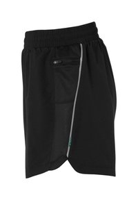 Sorte atletiske shorts med elastisk taljebånd, sidelomme med lynlås, mesh-panel og reflekterende grå detaljer på sidesømmen.