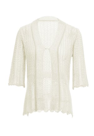 Pletený cardigan v barvě off-white, s V-výstřihem, volně tkanou texturou, rukávy 3/4 a vlnitými okraji. Zapíná se na malou sponu.