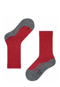 Czerwono-szare skarpetki z ryflem, posiadające wzmocnione palce i pięty, z czarnym logo z boku; materiał mieszanki bawełny dla komfortu.