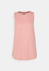 Light pink sleeveless top with a relaxed fit, made of soft fabric. Features a round neckline and a curved hemline for comfort.