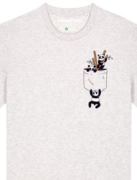 Grijze katoenen T-shirt met een print van drie cartoon panda's, waarvan er één in een pocket zit, met bamboestelen en bladeren als accenten.