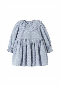 Vaaleansininen mekko, jossa on röyhelökaulus ja pitkät muhkeat hihat. Mekossa on kukkakuvio ja nyörityksellä poimutettu hameosa. Takana napillinen suljenta.