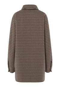 Παλτό μακρυμάνικο με καφέ, μπλε και άσπρο μοτίβο κουκίδας, με ίσια πλάτη και γιακά.