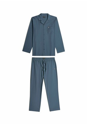 Langärmliges blau-graues Pyjamahemd mit Knöpfen und Brusttasche sowie passende Pyjamahose mit elastischem Bund und Kordelzug.
