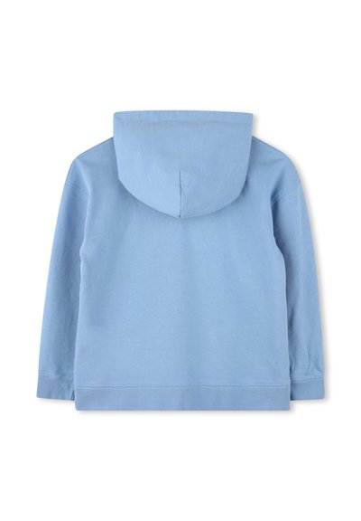 Felpa con cappuccio azzurro chiaro, dal tessuto di cotone morbido, con polsini e orlo a coste, presenta un design posteriore semplice e privo di decorazioni.