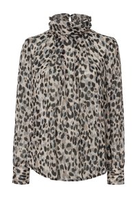 Blusa a stampa leopardata con collo alto e arricciato e maniche lunghe. Realizzata in tessuto leggero con pieghe sottili e polsini abbottonati.