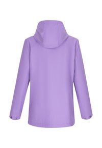 Violet vandeniui atsparus džemperis su kapišonu, gležna tekstūra ir užsegamos sagtys ant rankovių. Atgalinė pusė, turinti švarų, minimalų dizainą.