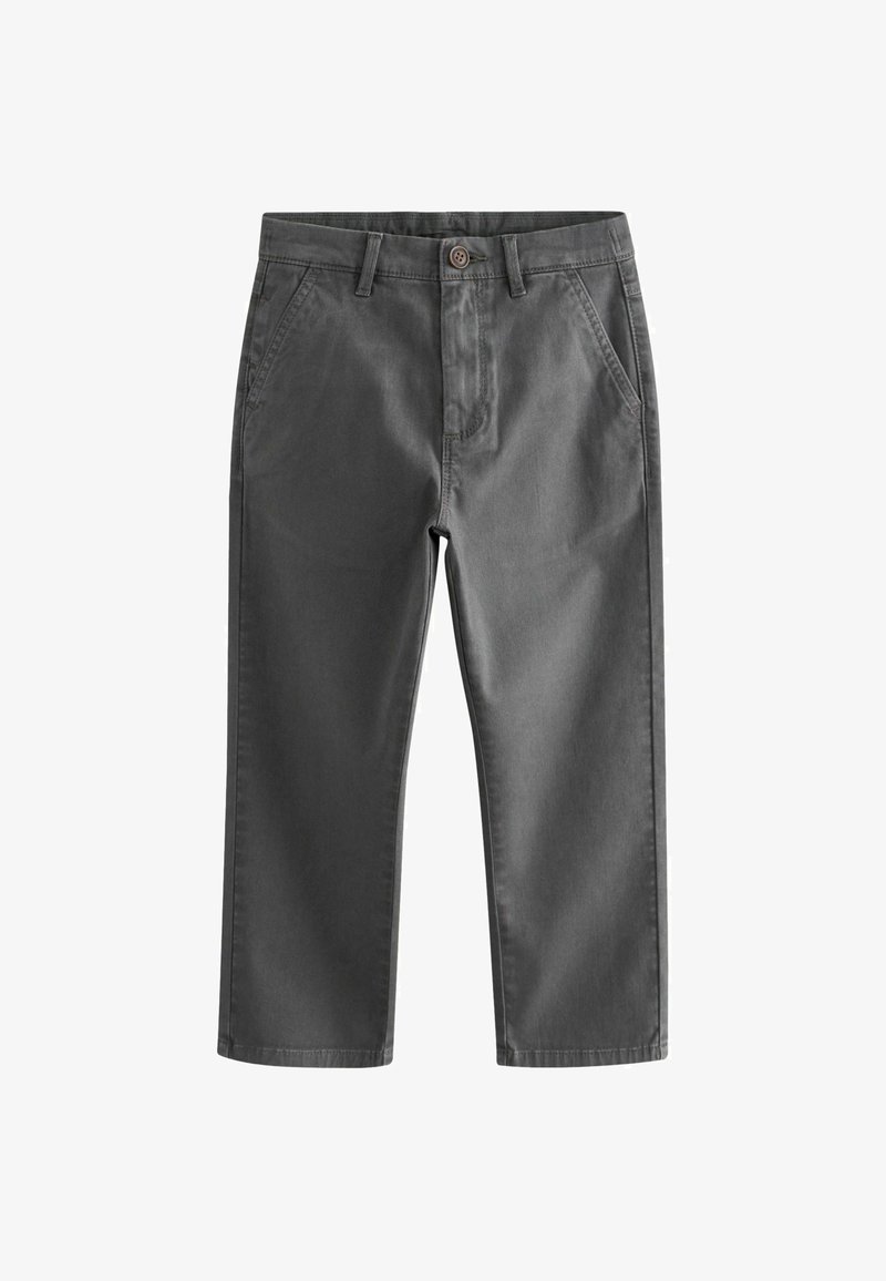 Chinos gris en tissu coton mélangé, dotés de deux poches frontales, d'une fermeture à bouton et d'une coupe droite avec des bords ourlés.